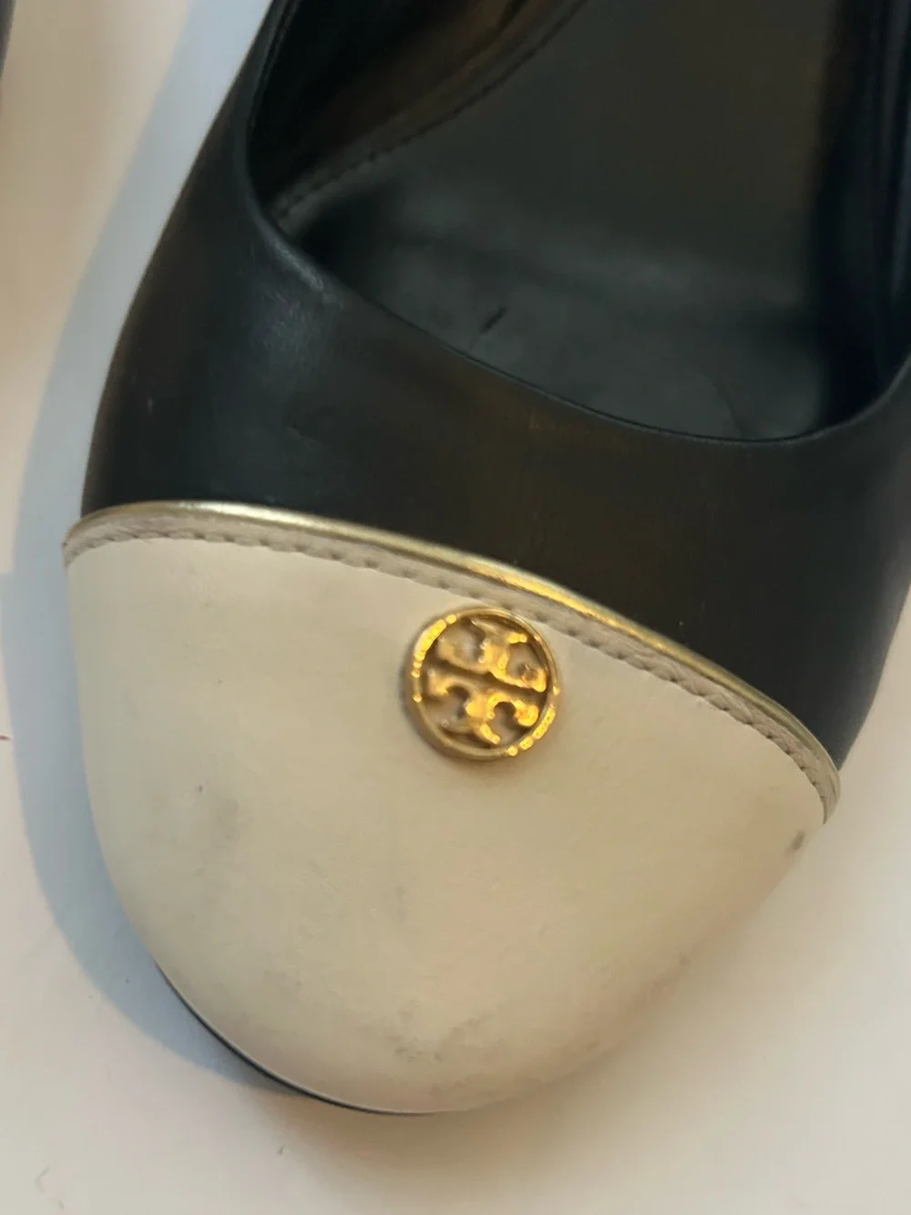 Tory Burch Leather Wedge Classic Black Shoe with Cream Cap Toe Gold Logo Accent